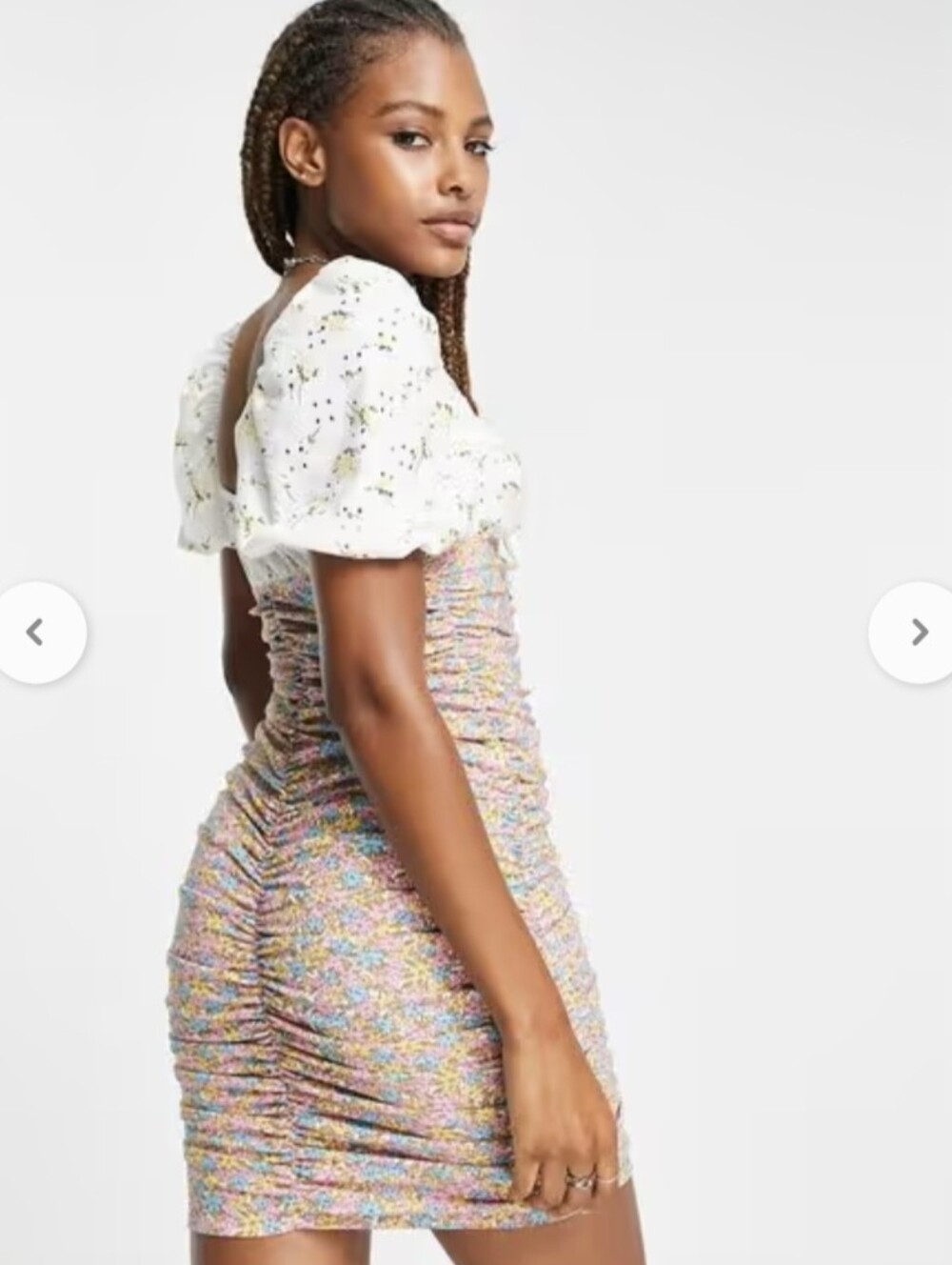 NWT ASOS DESIGN Ditsy Print Mini Broderie Mix Ruched Mini Bodycon Dress.